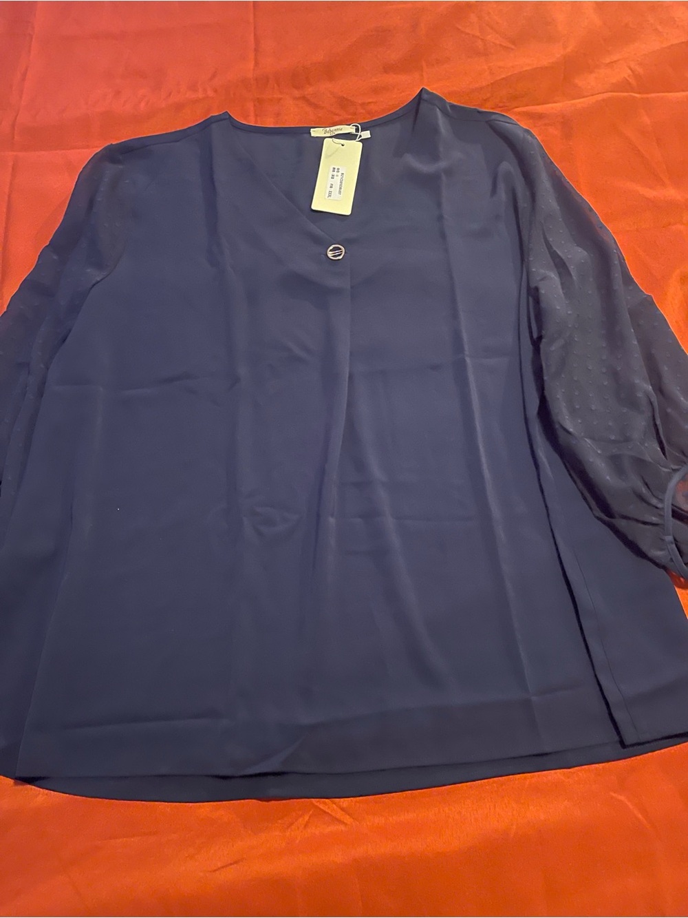 Bebonnie Women’s Navy Blue Blouse with Sheer Dot Sleeves XXXL
